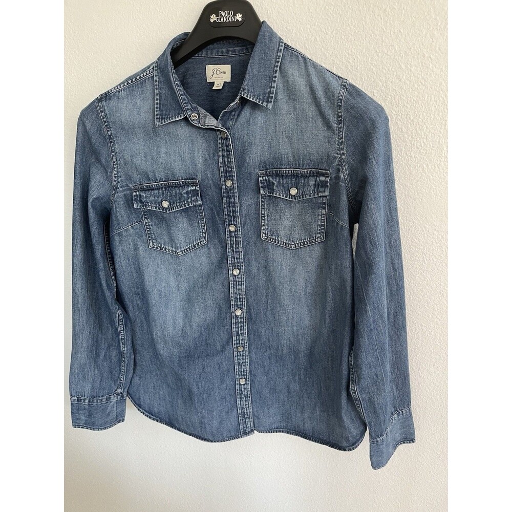 J. Crew Pearl Snap Denim Shirt Womens Size 16T Blue Long Sleeve Western Timeless